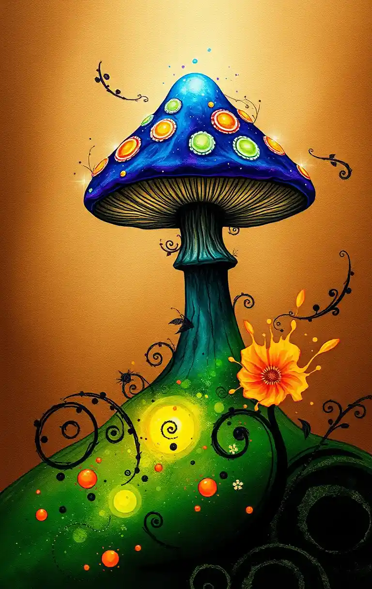 Glowing Magical Mushroom In A Surreal Forest Landscape