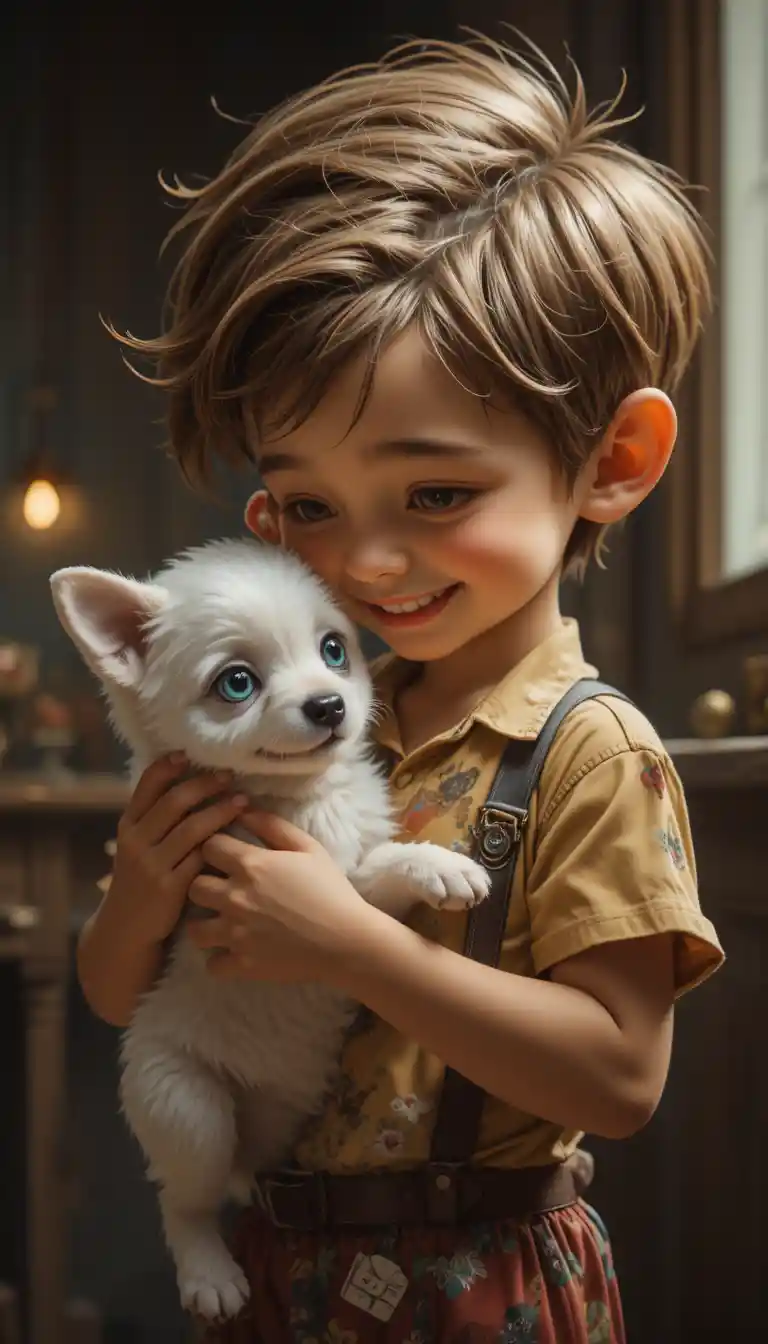 Niño alegre sosteniendo un cachorro blanco en arte vintage a lápiz