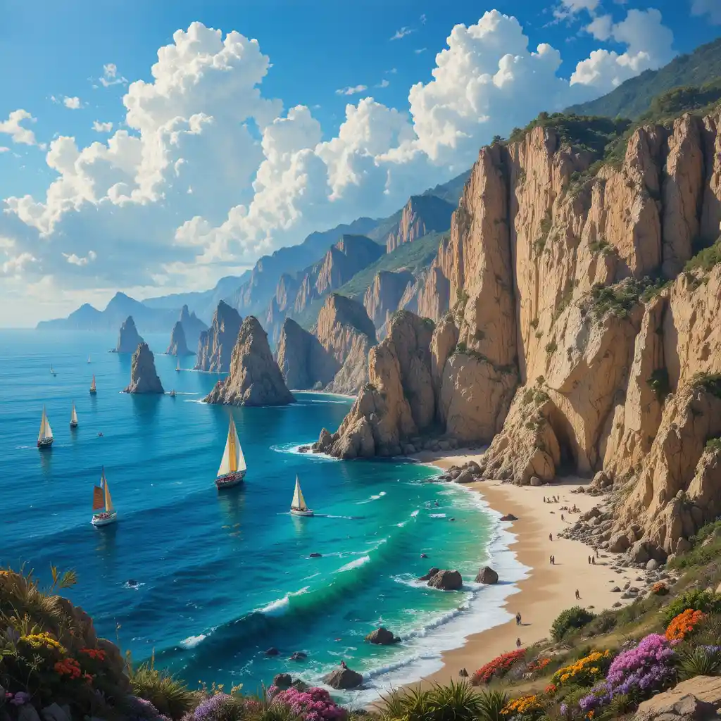 Colorato dipinto a olio di barche a vela su una costa rocciosa