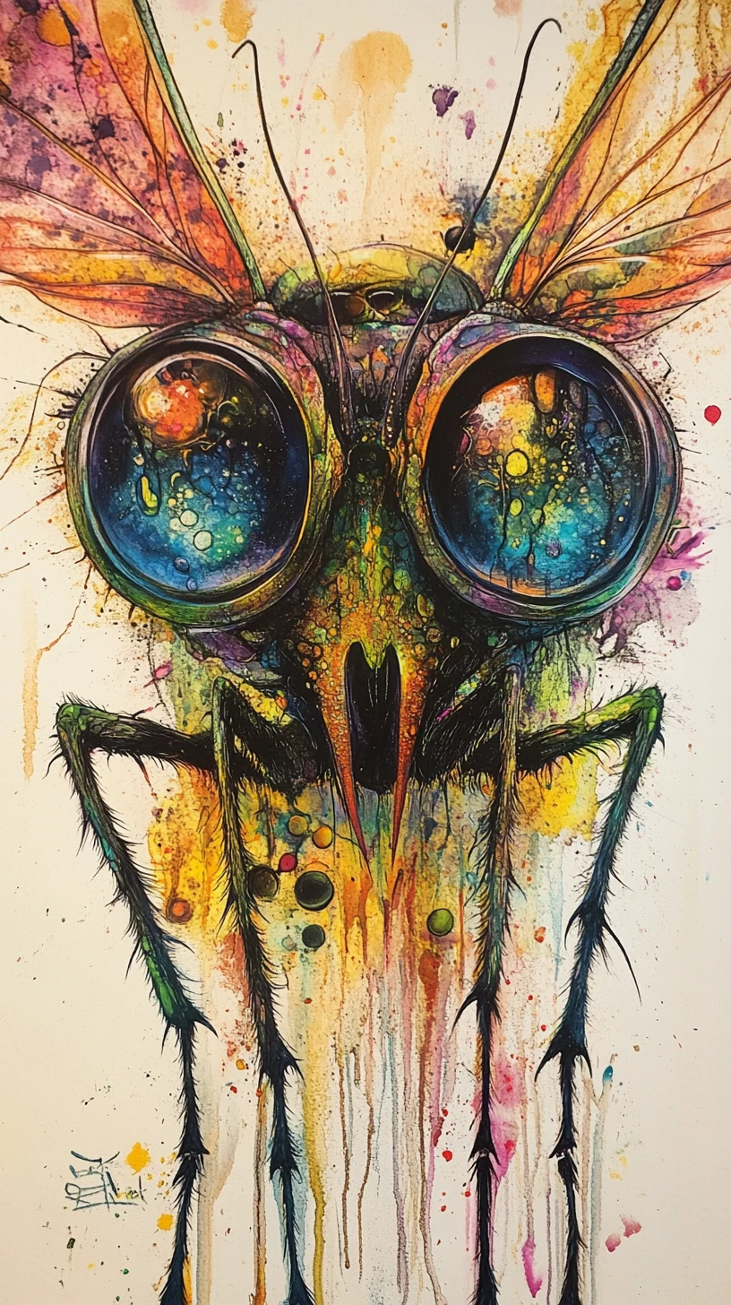 Surreal insect creature with hypnotic eyes in dreamlike colors