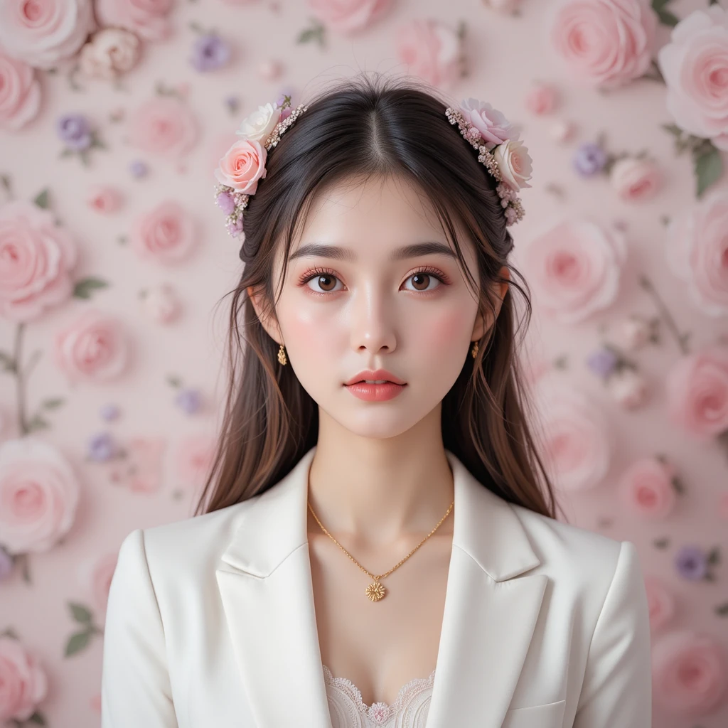 Young woman portrait with floral hairpiece and roses
