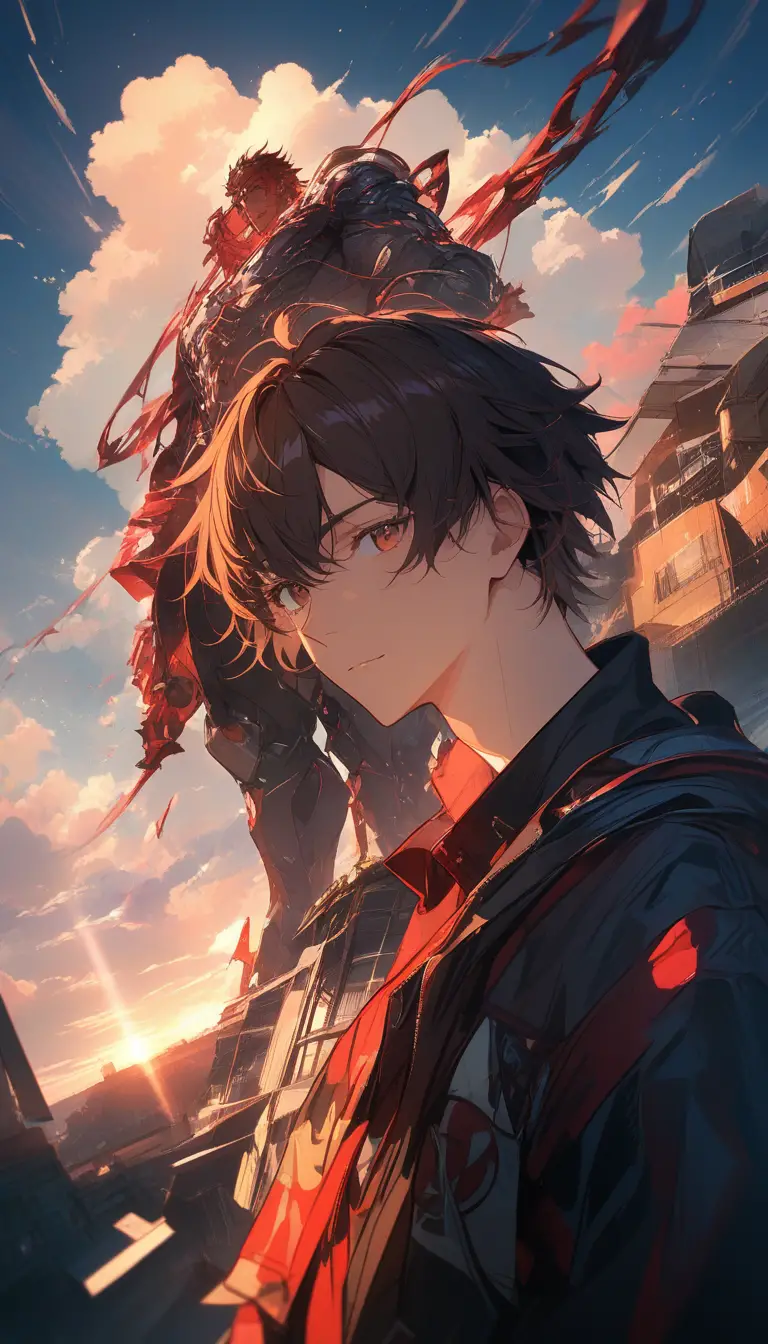 Joven confiado al atardecer en escena exterior de anime