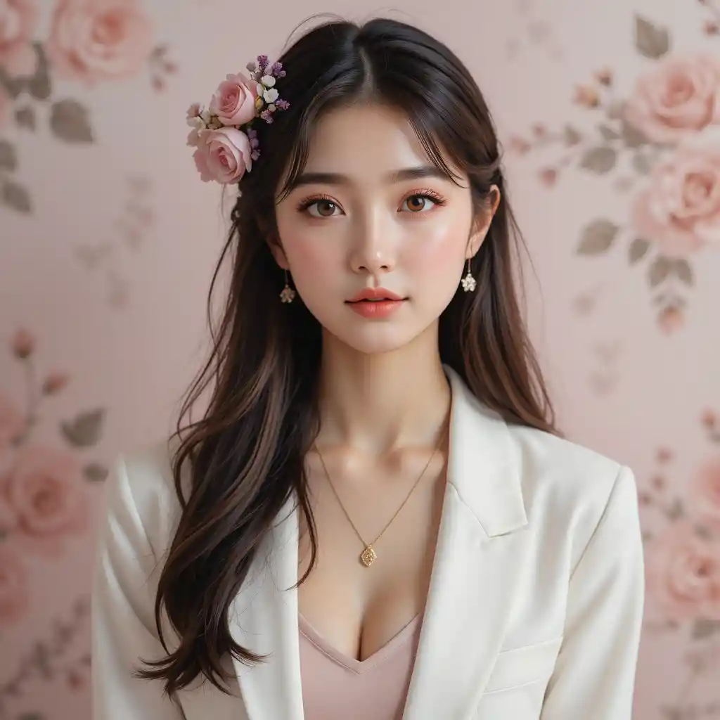 Young asian woman in white blazer with floral hairpiece