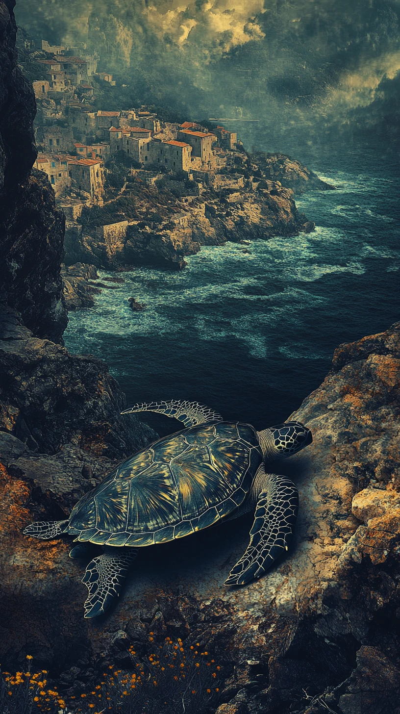 Dark fantasy sea turtle by Corsican coastal cliffs
