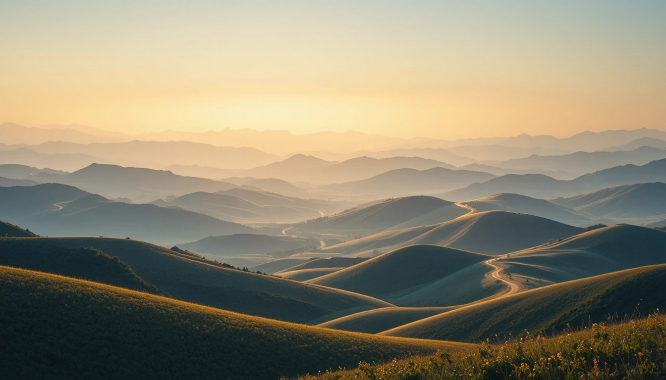Glowing Light Trails Weaving Across Gentle Rolling Hills