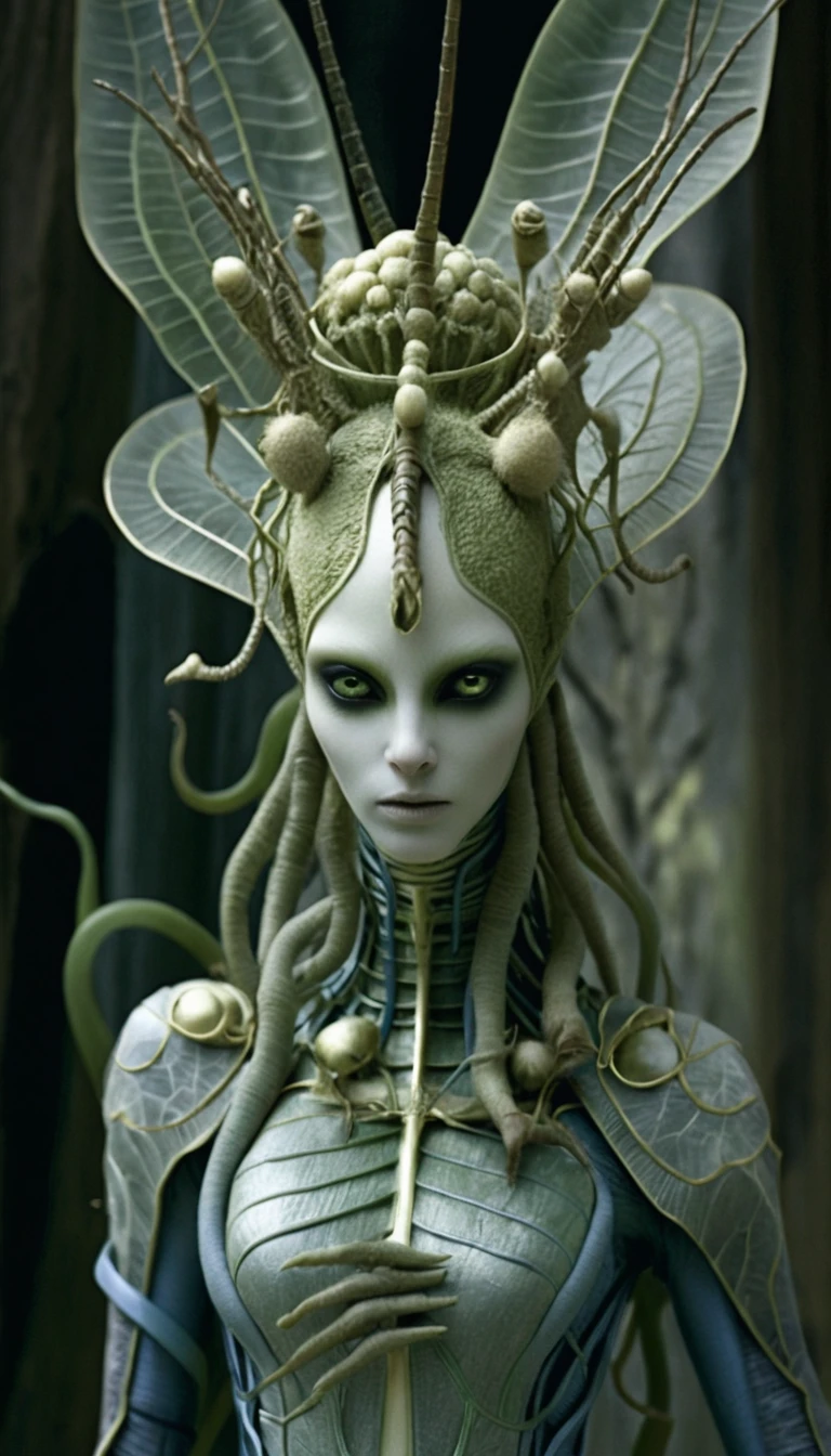 Alien fae woman with insectoid crown in dark green portrait