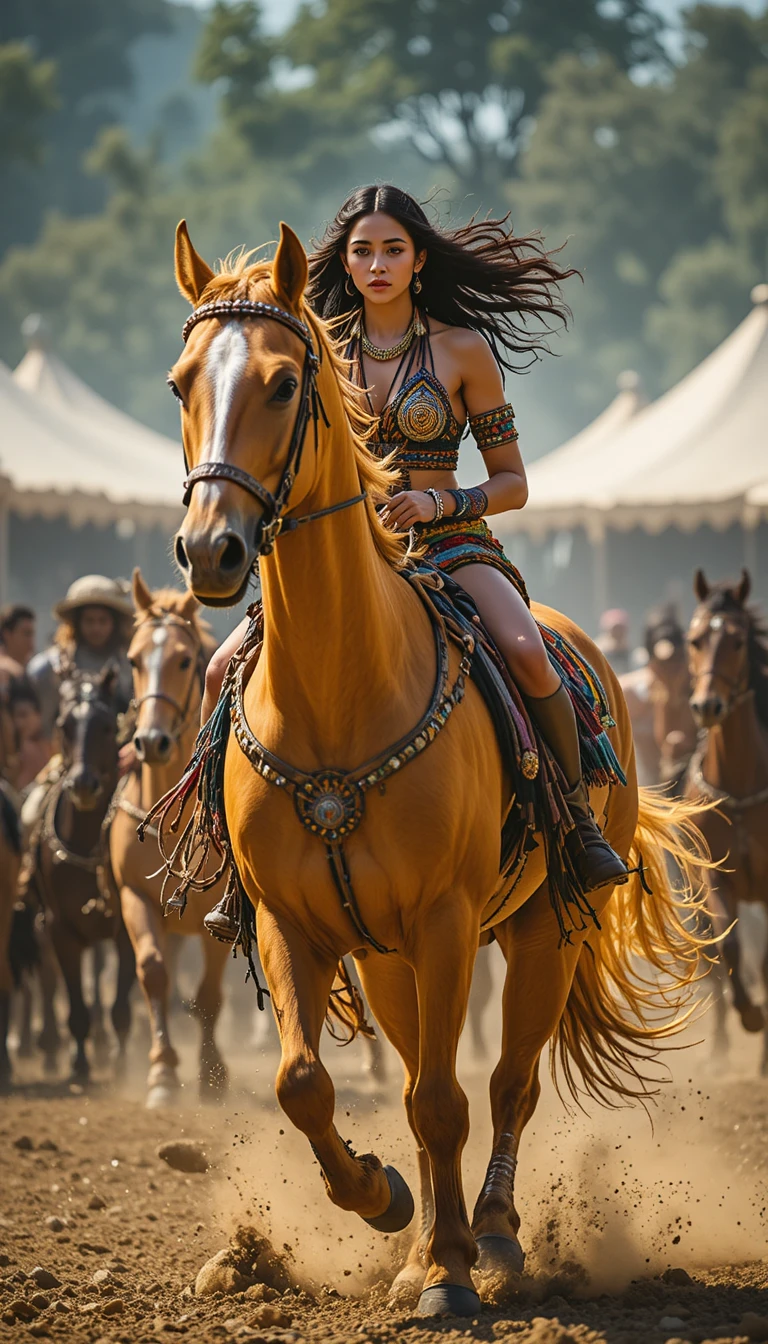 Indigenous woman racing on a powerful horse in motion