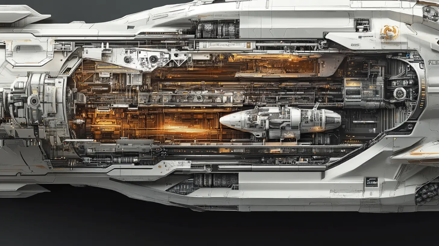 Detailed 3D cutaway diagram of a massive sci fi spaceship