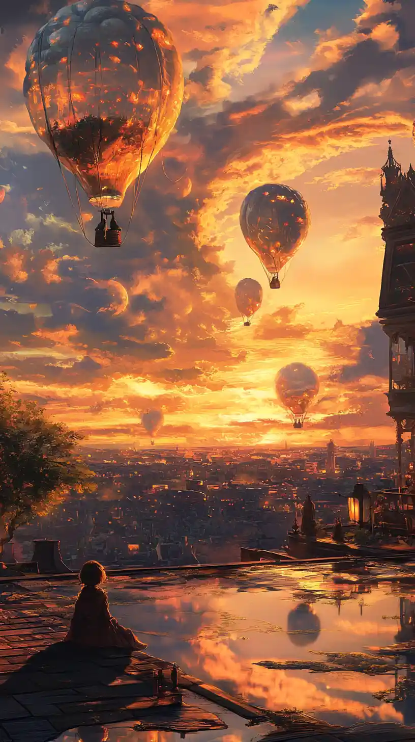 Mädchen auf einem Dach, das bei Sonnenaufgang Ballonvögel beobachtet
