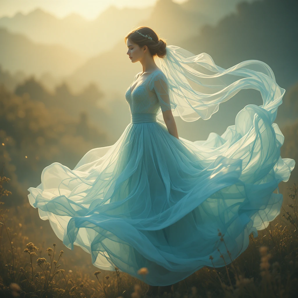Ätherische Frau in fließendem hellblauen Kleid mit Schleier