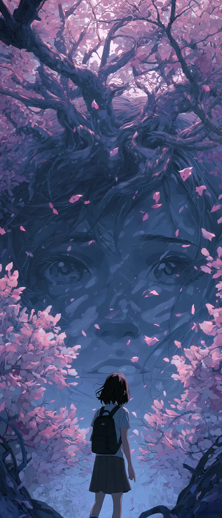 Girl Facing The Ghost Of Her Younger Self Under Blossoms