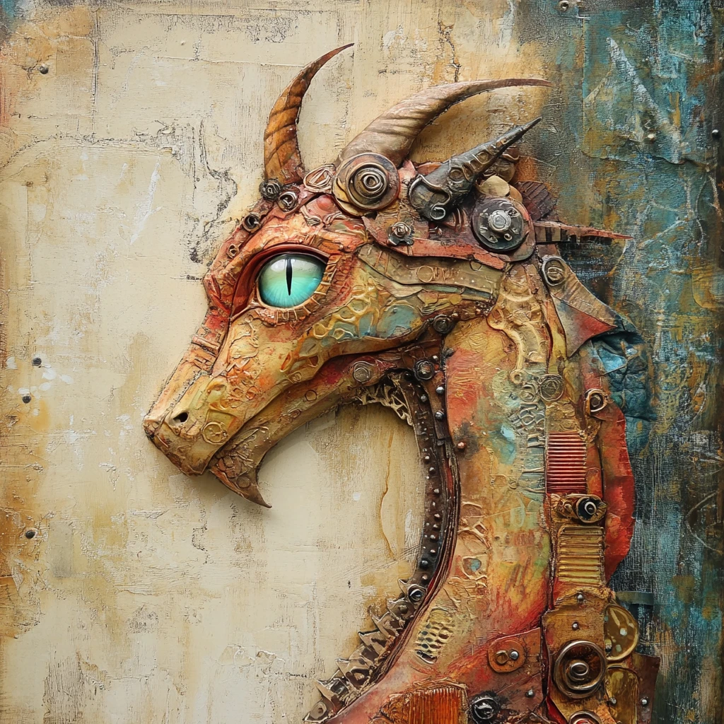 Mixed media profile portrait of a jeweled fantasy dragon