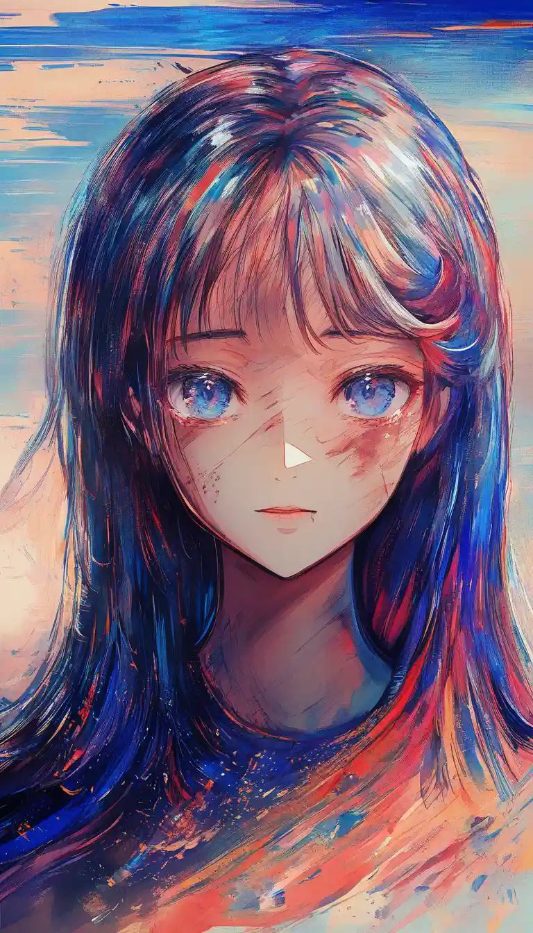 Crying anime girl close up on a lonely beach