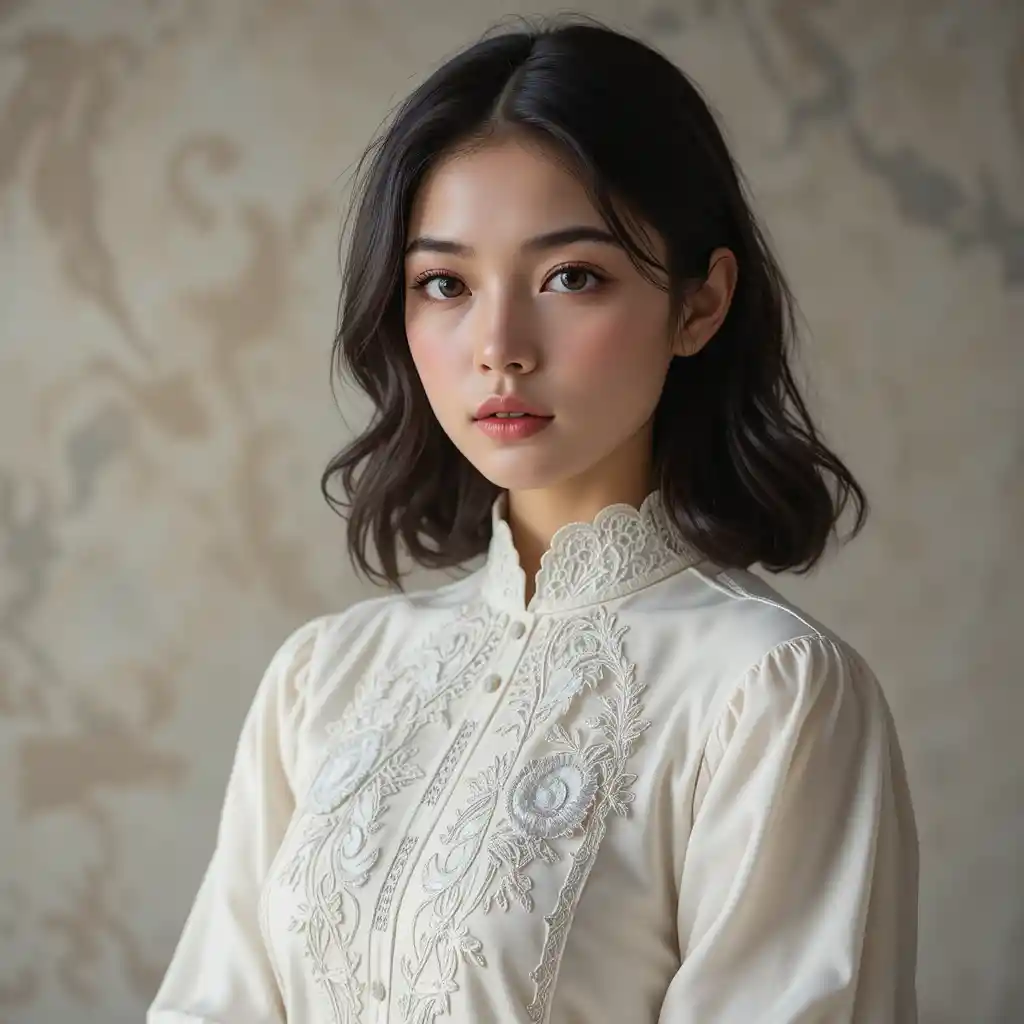 Portrait d’une jeune femme en blouse blanche en dentelle devant un mur doux