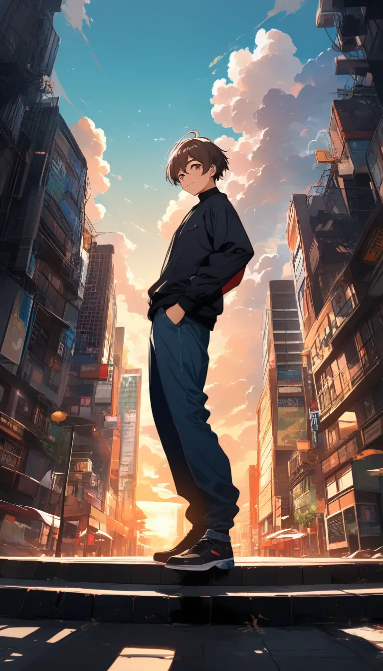 Hombre de anime atlético de pie bajo la cálida luz del atardecer