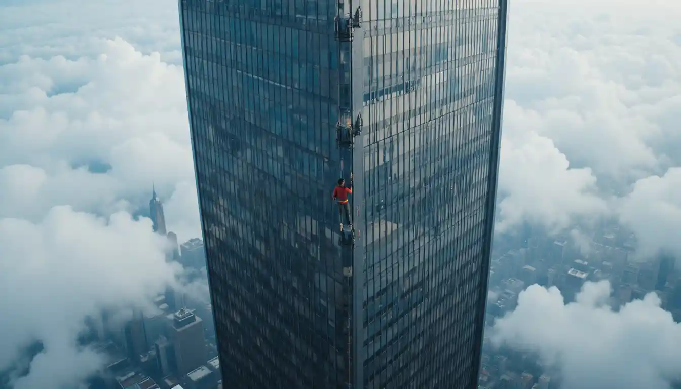 Free solo climber scaling the glass face of Taipei 101