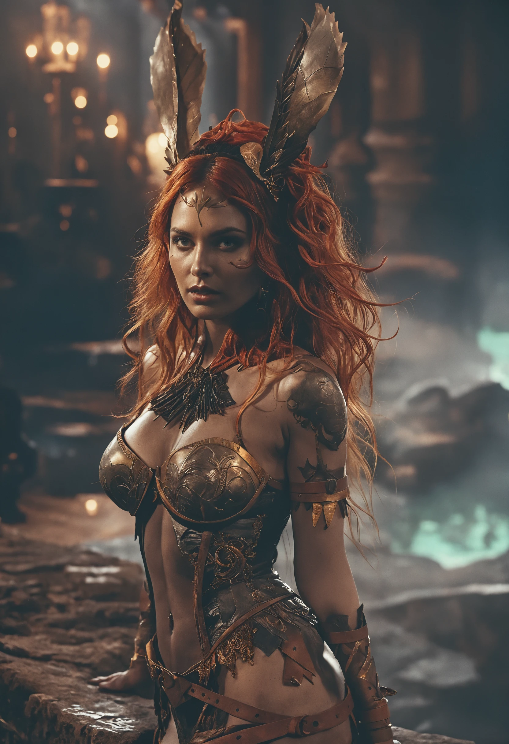 Mujer de cuerpo entero cinematográfica en escena de fantasía gótica oscura
