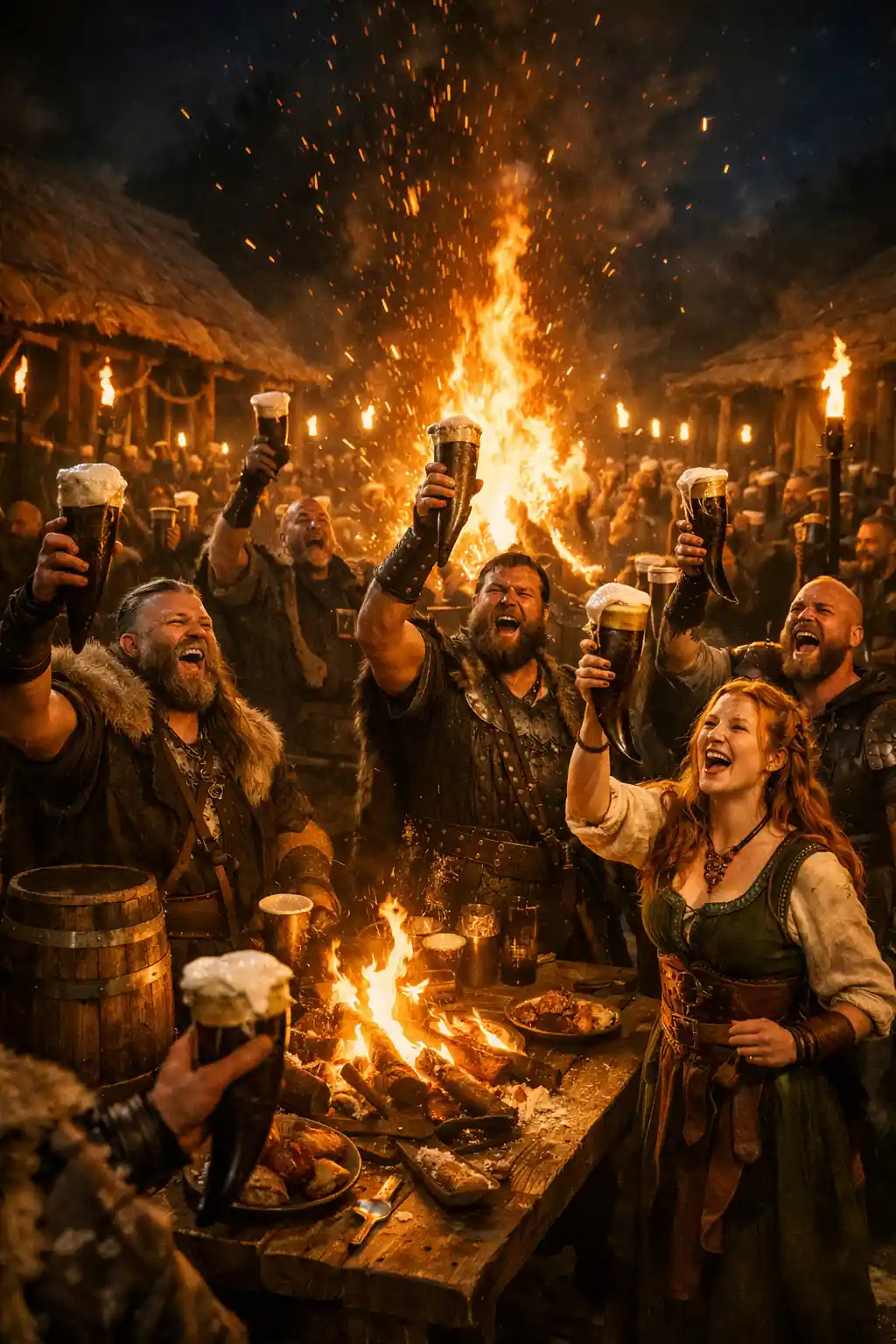 Medieval warriors celebrating at a lively night mead festival