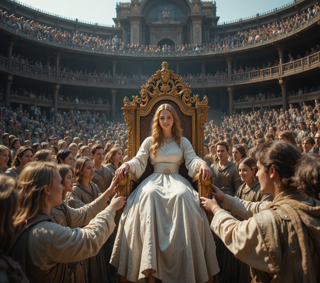 Joyful medieval crowd carrying a young woman on a throne