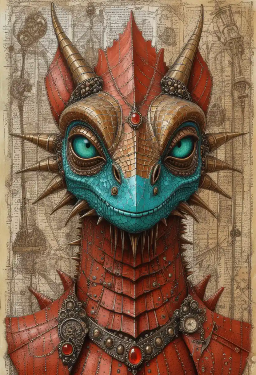 Mixed media profile portrait of a steampunk fantasy dragon
