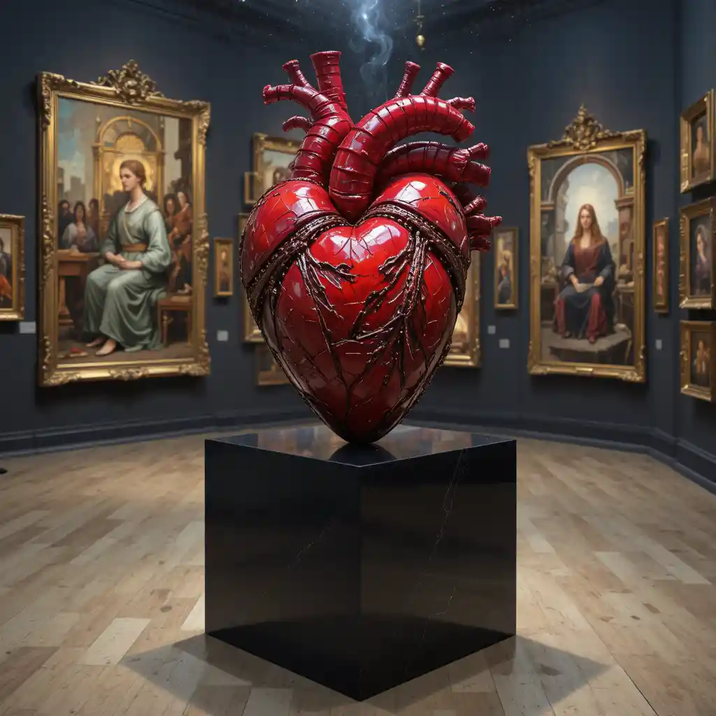 Red heart sculpture on black cube in art gallery