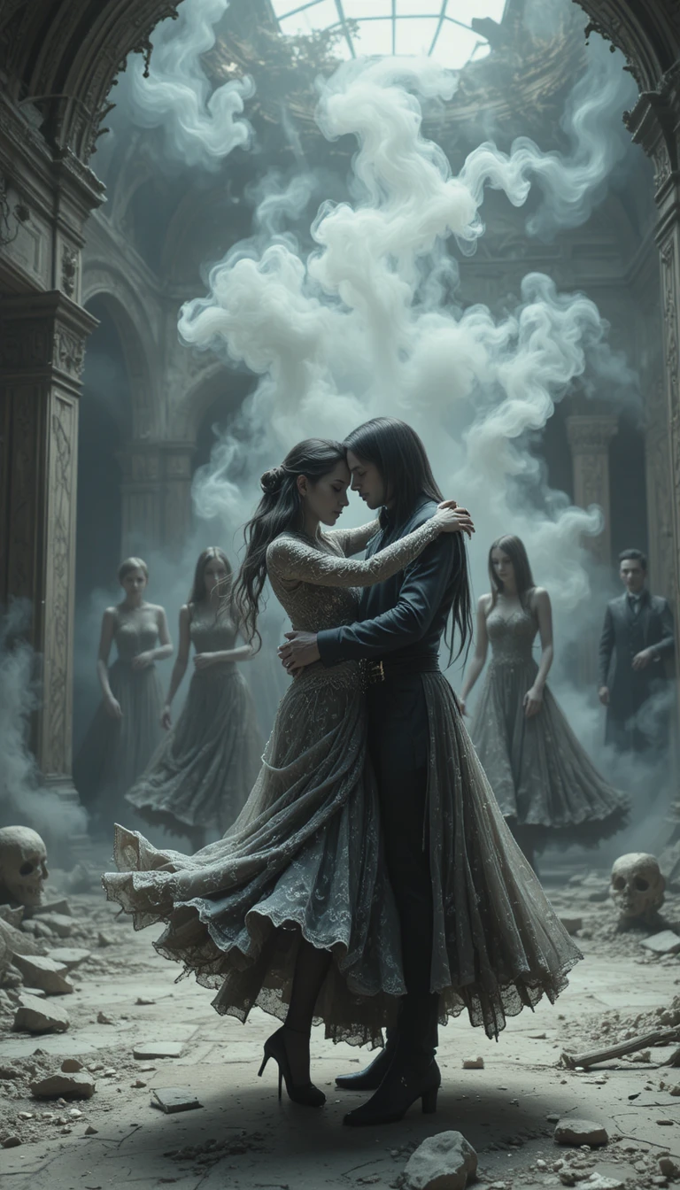 Ghostly dancers in a ruined obsidian and bone ballroom