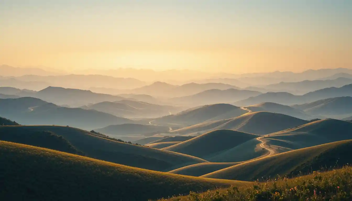 Glowing Light Trails Weaving Across Gentle Rolling Hills