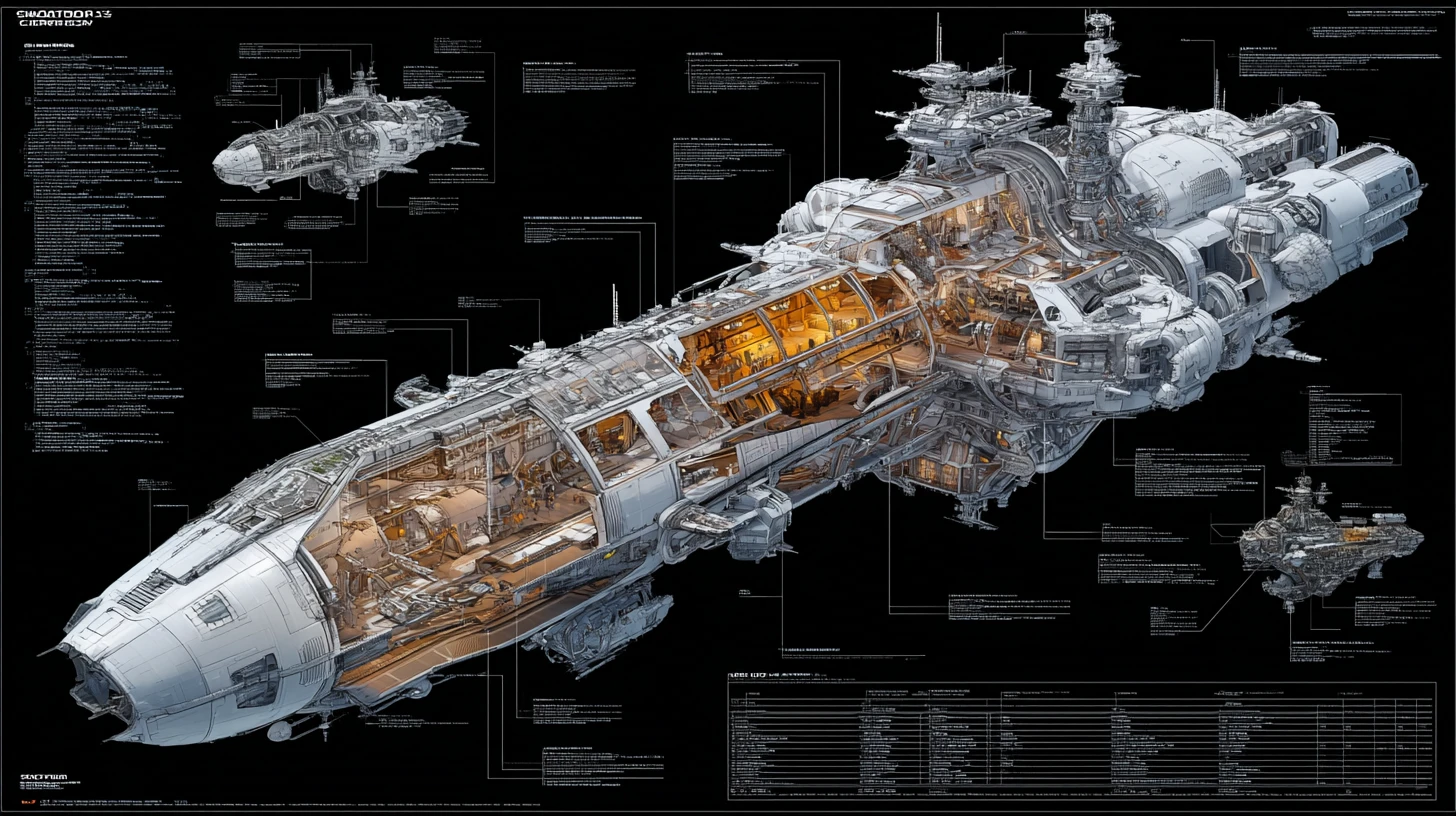 Diagramma 3D in sezione dell’interno di un’enorme astronave