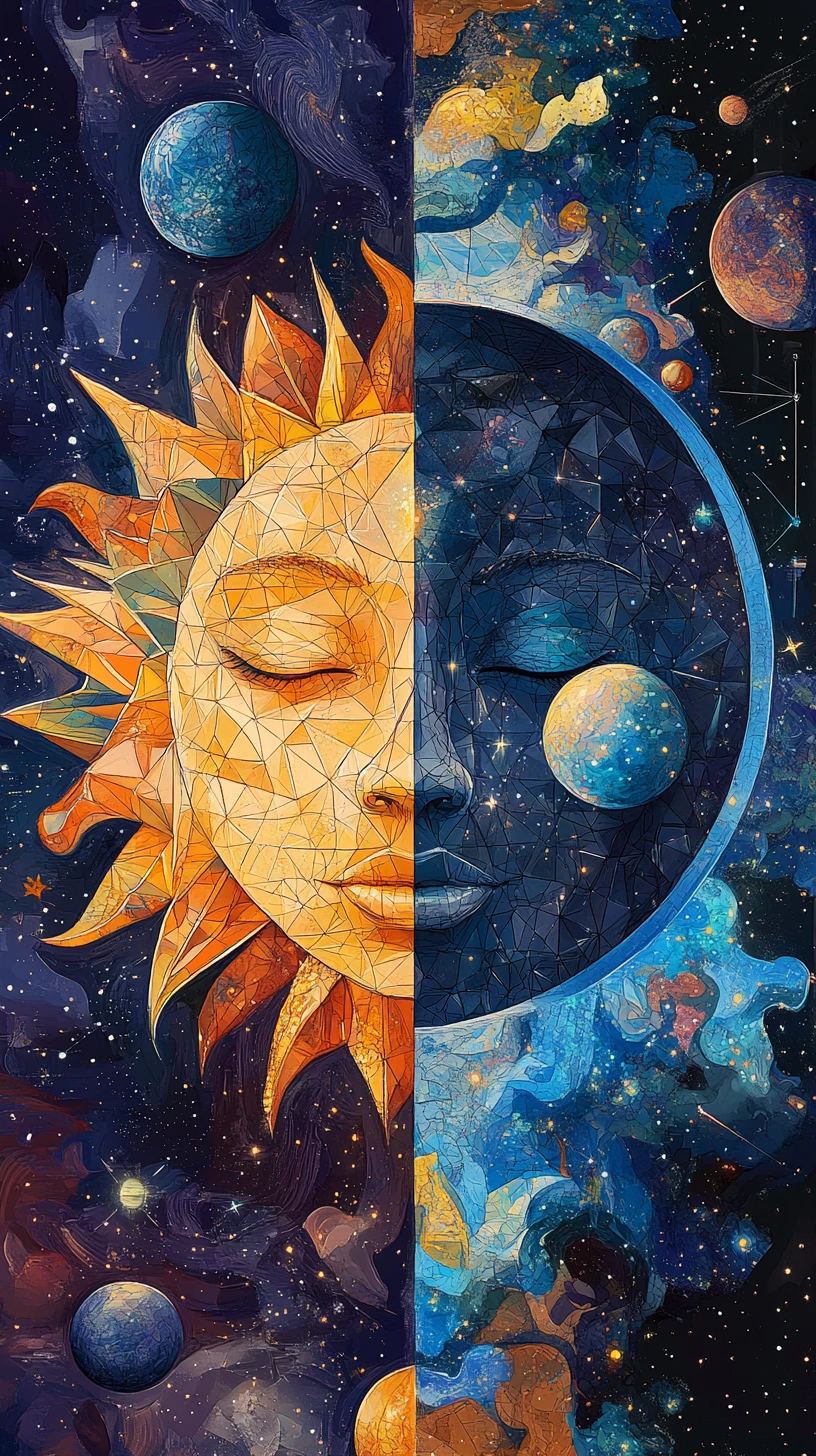 Surreal celestial sun and moon face in cosmic symmetry