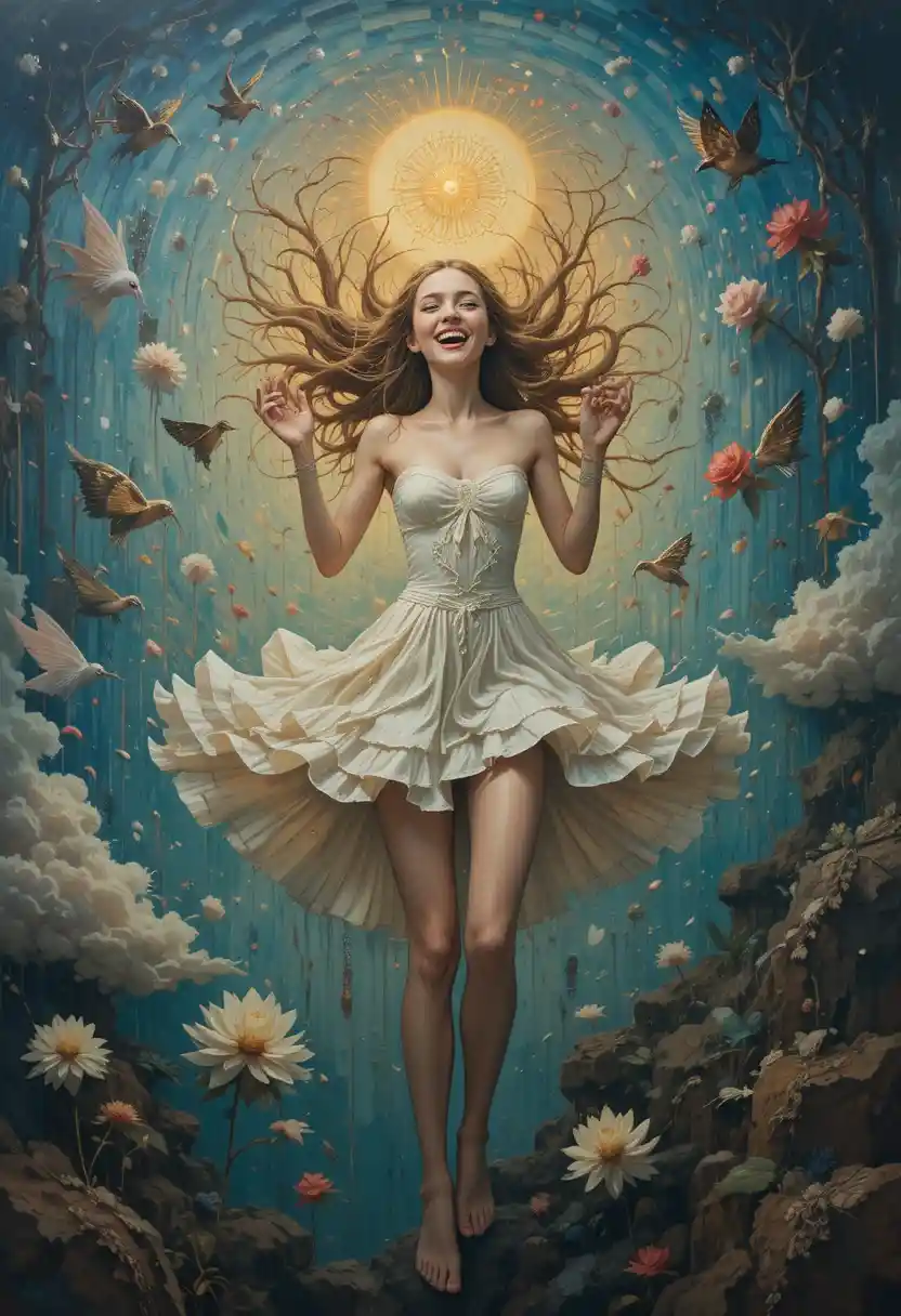 Surreal painting of pure exhilaration and joyful emotional release