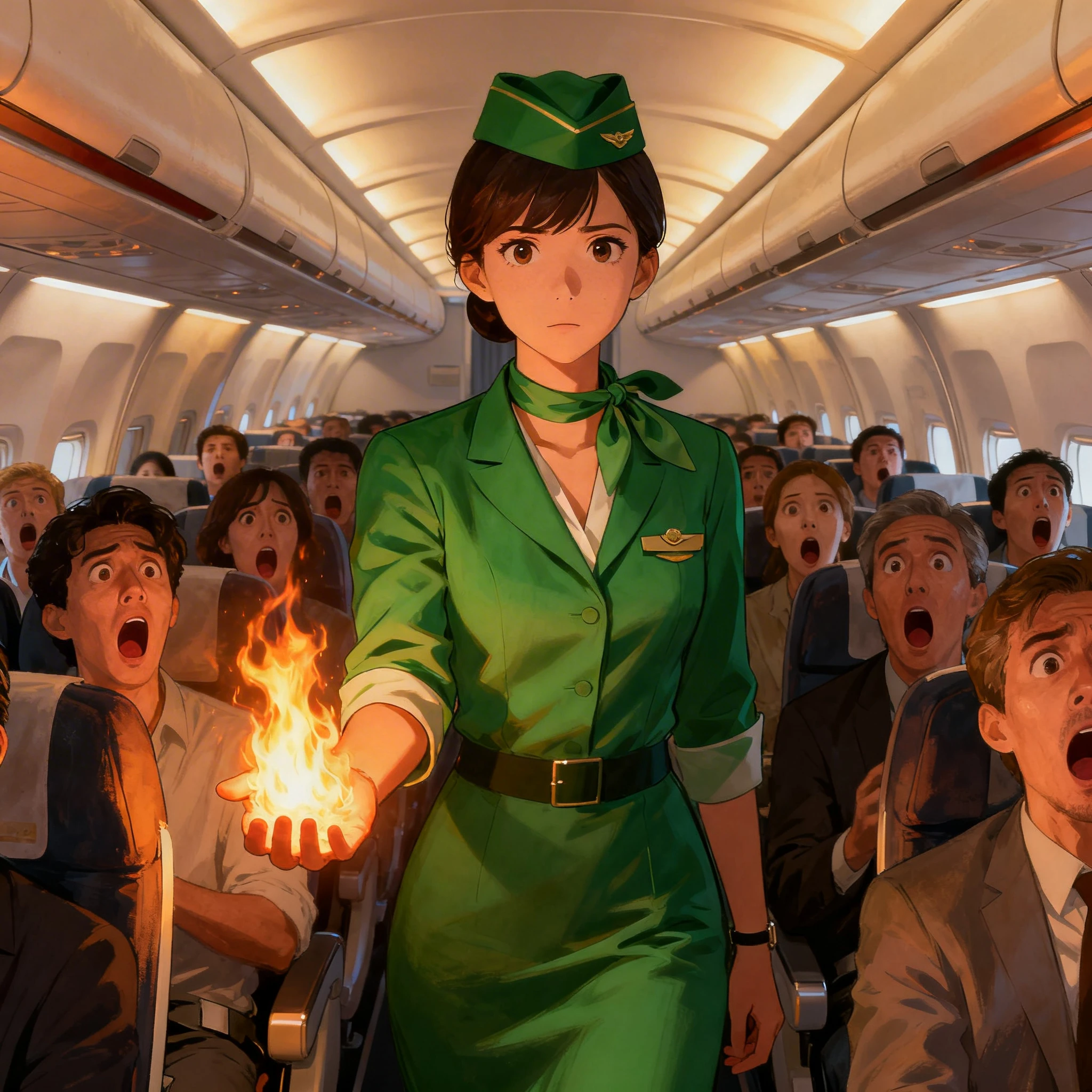 Flugbegleiterin hält Feuer in der Flugzeugkabine