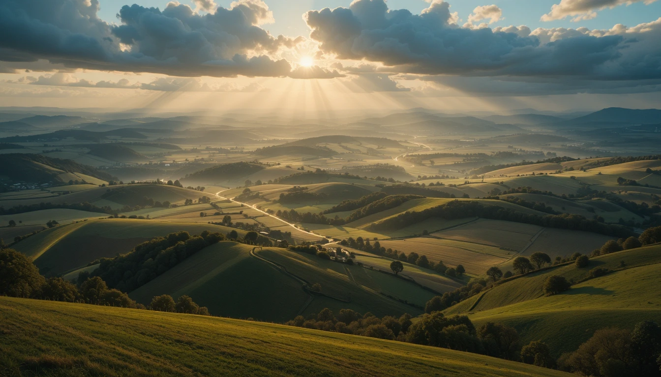 Epic Golden Countryside Landscape With Rolling Fields And Sunbeams