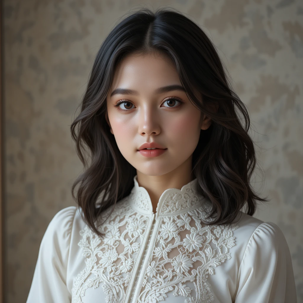Retrato de jovem mulher com blusa de renda branca