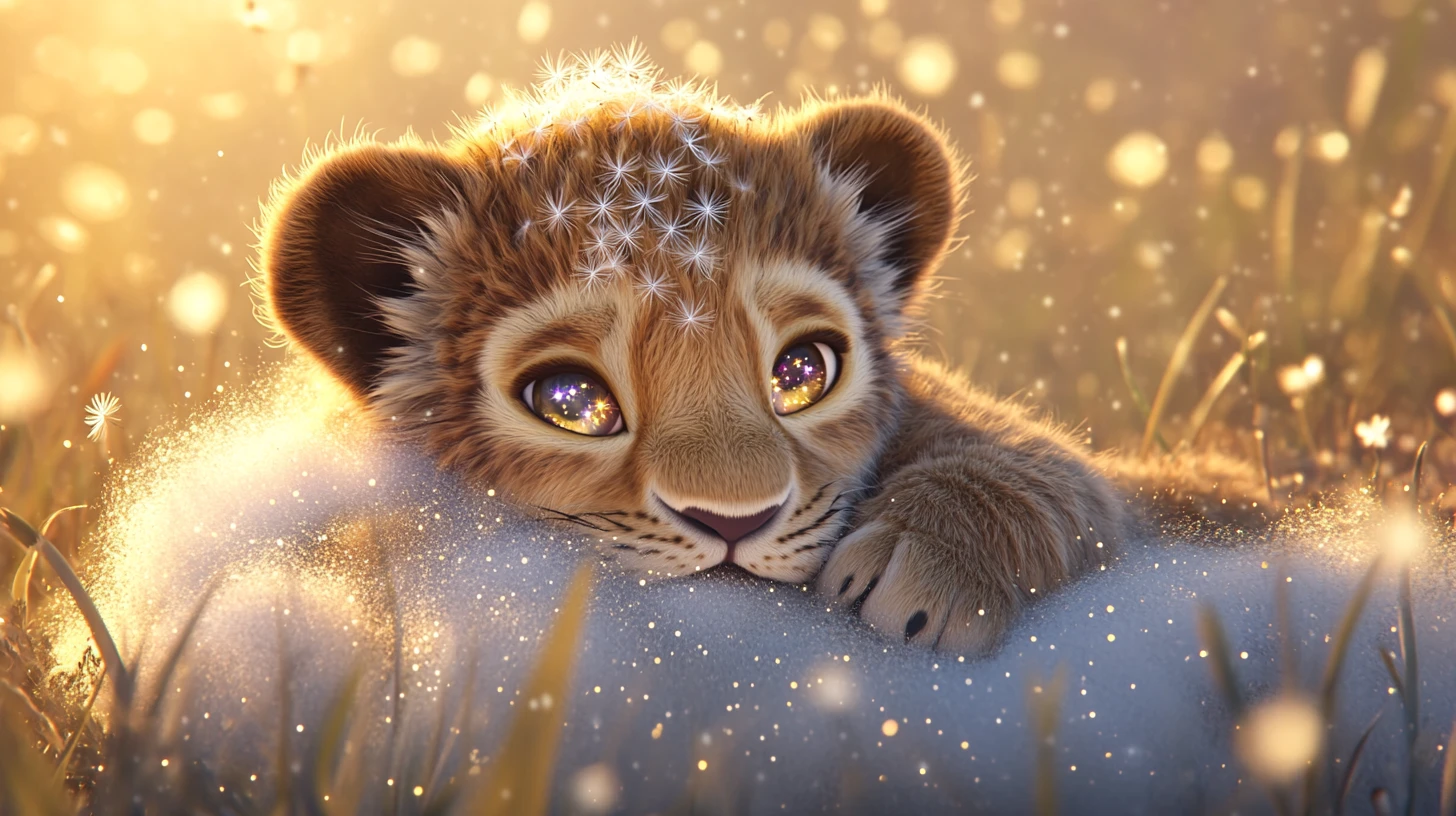 Baby lion cub resting on dandelion cloud at sunrise