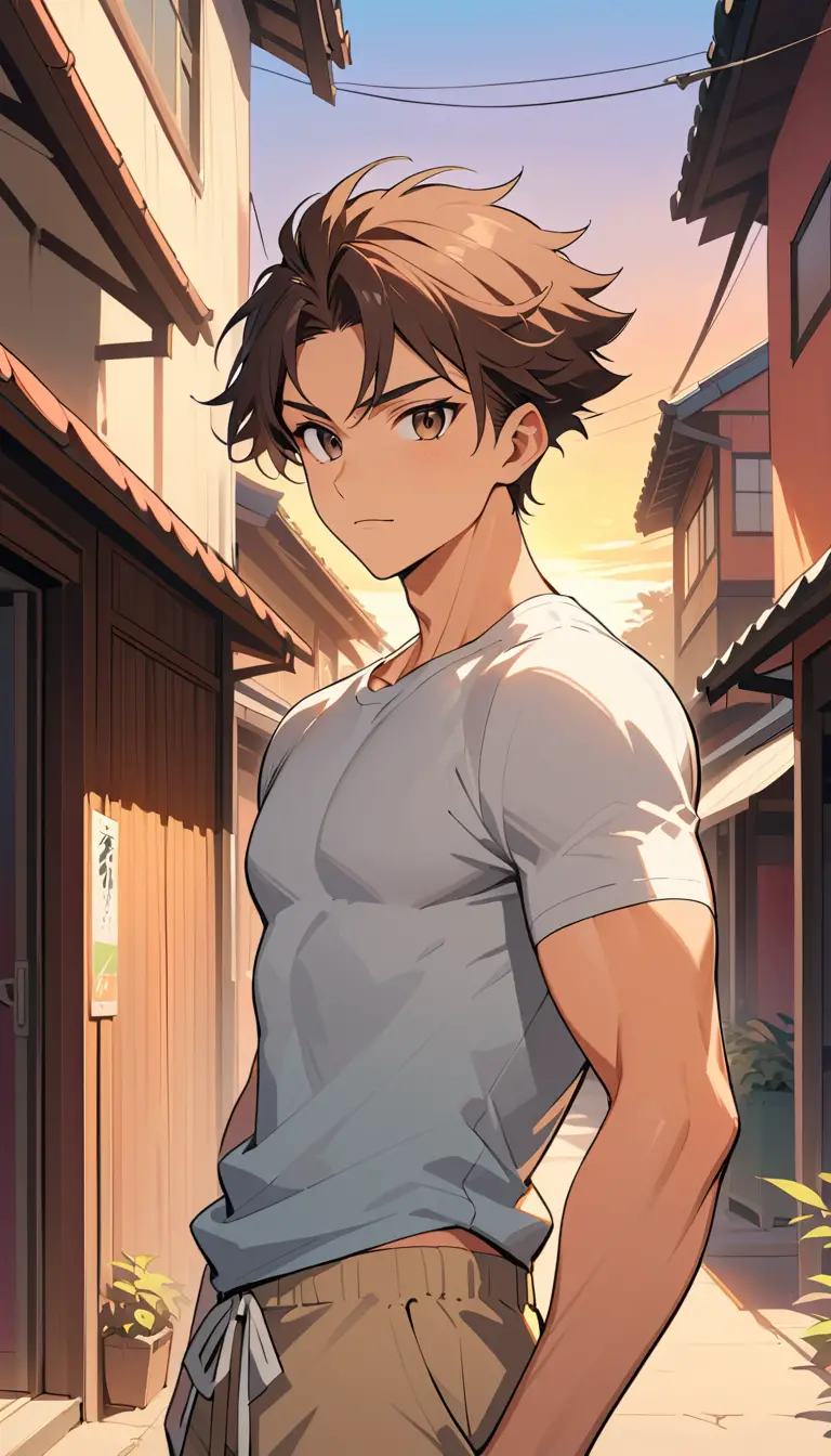 Joven confiado con estilo anime al atardecer al aire libre