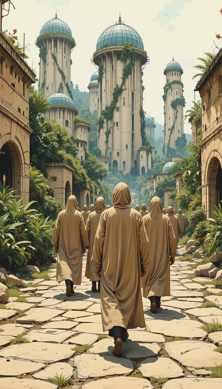 Hooded figures walking through a retro futuristic tropical city