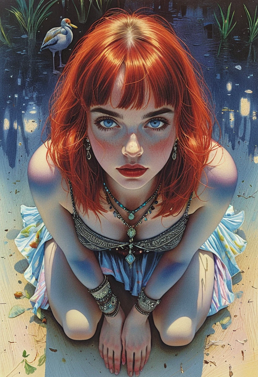 Enigmatic fantasy girl seen from above on sandy shore