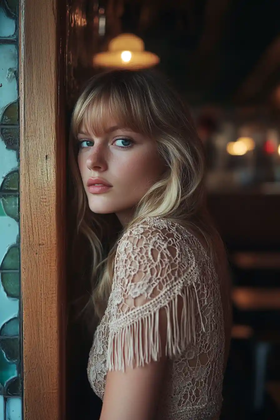 Thoughtful blonde woman in crochet dress at dim bar doorway