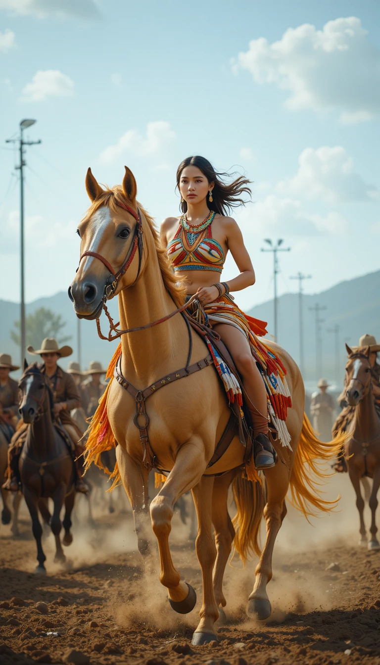 Indigenous woman racing on a powerful horse in motion