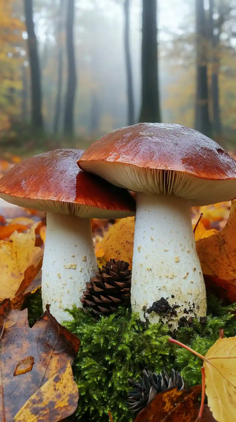 Close up mushrooms on mossy forest floor in autumn