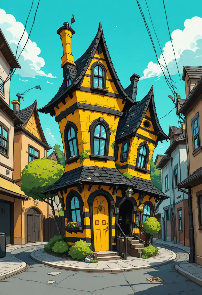 Playful crooked cartoon house on a bright urban street