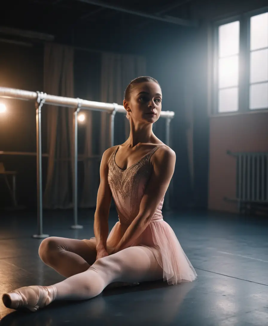 Bailarina estirando entre bastidores bajo una luz suave y delicada