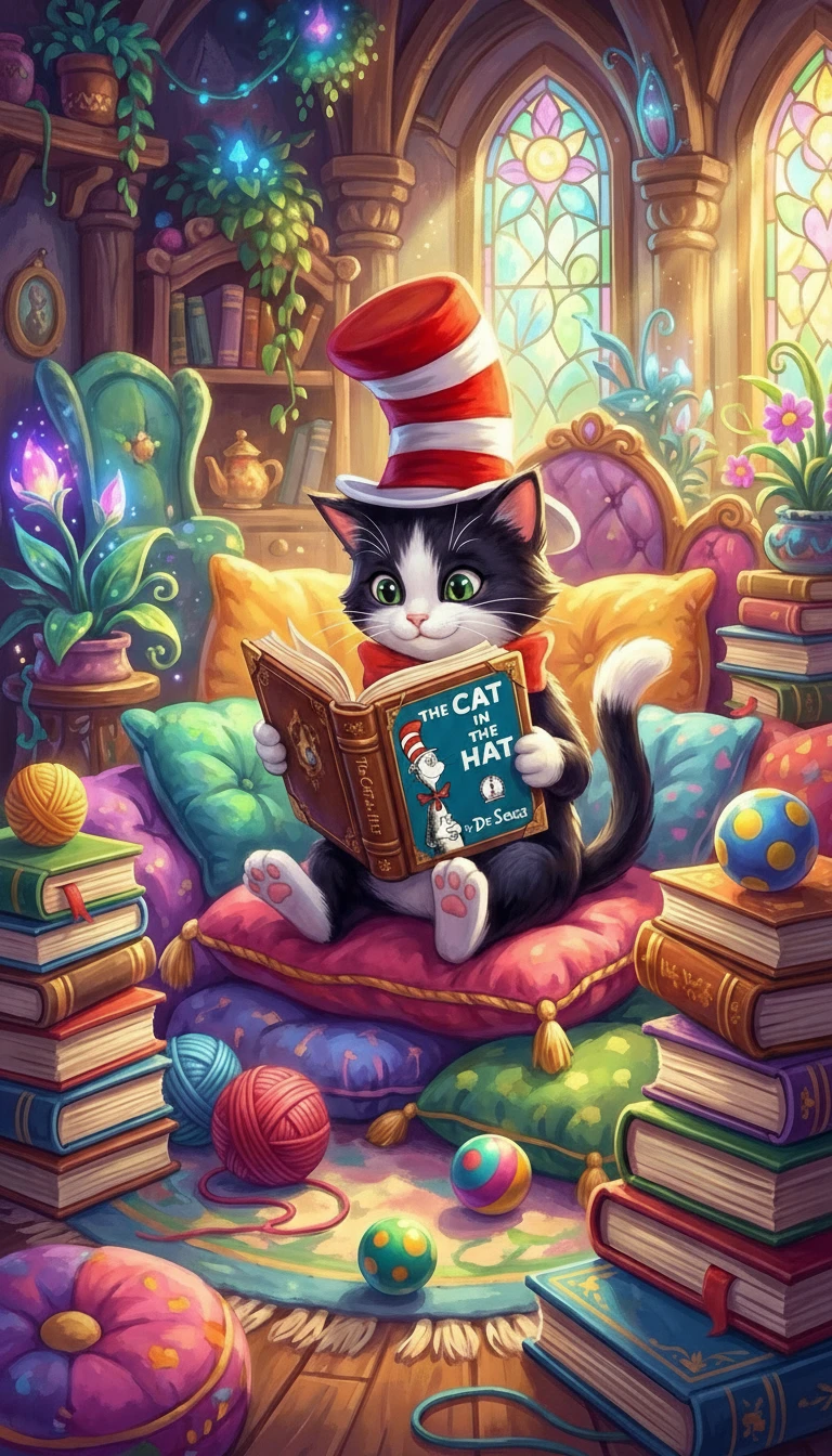 Cute cat in striped top hat reading a storybook