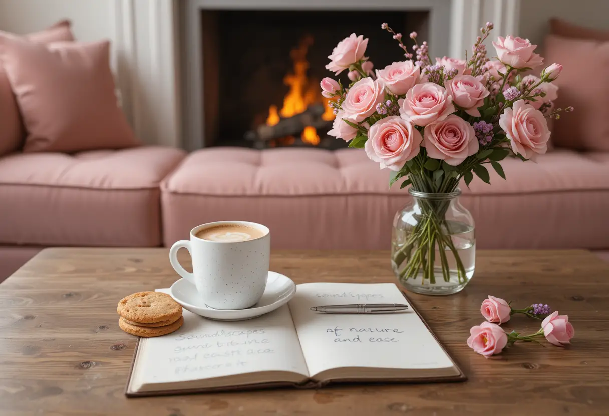 Cozy coffee table by pink sofa and glowing fireplace
