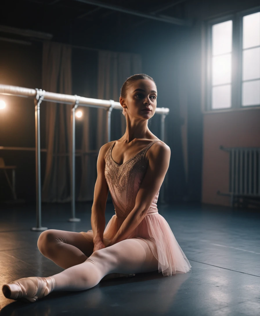 Ballet dancer stretching backstage in gentle soft light