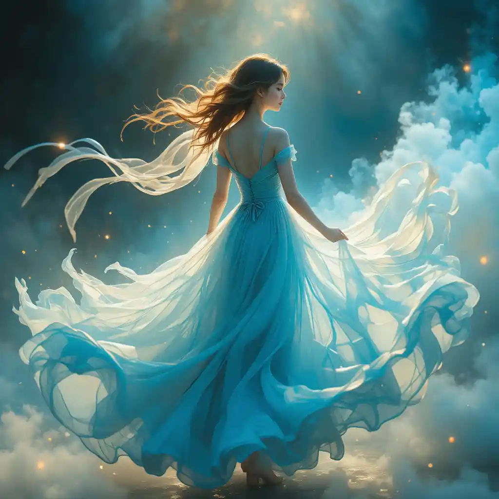 Ethereal woman in a flowing pale blue fantasy gown