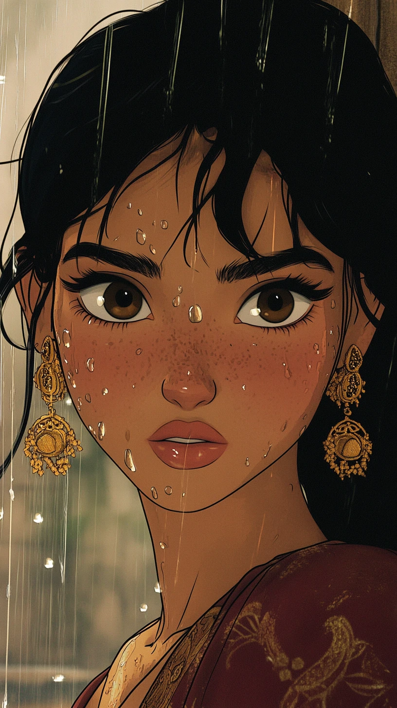 Jeune femme indienne en gros plan avec les cheveux mouillés et des boucles d’oreilles en or