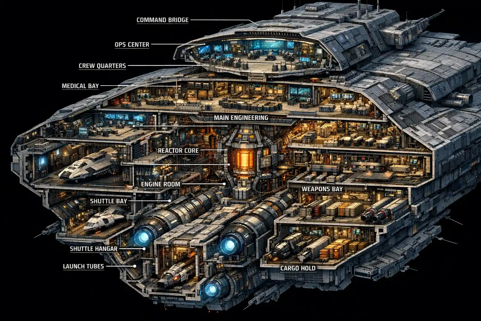Dettagliata sezione trasversale 3D di un’enorme astronave sci-fi