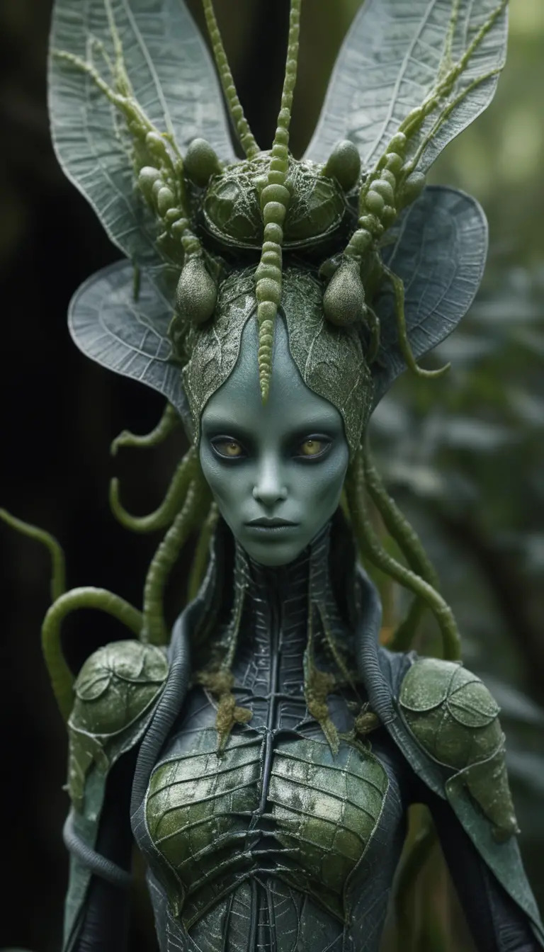 Alien insectoid fantasy woman in organic biomechanical armor