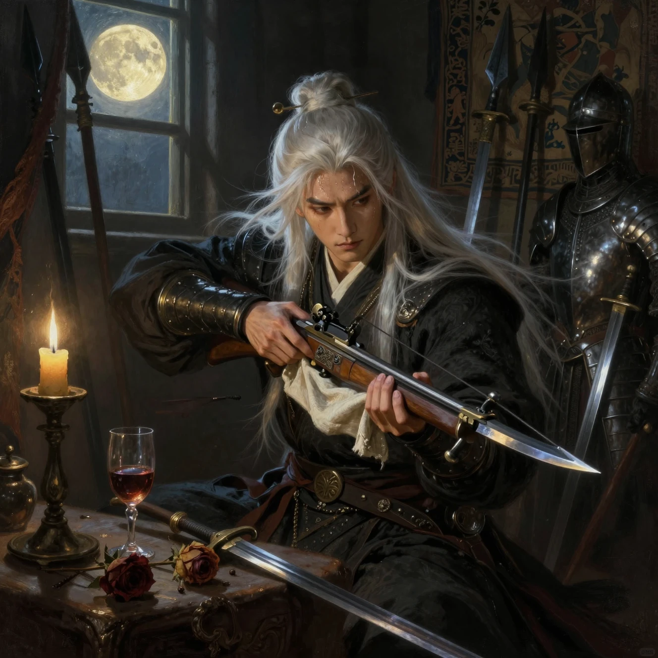 Chinese knight polishing a crossbow in a dark armory